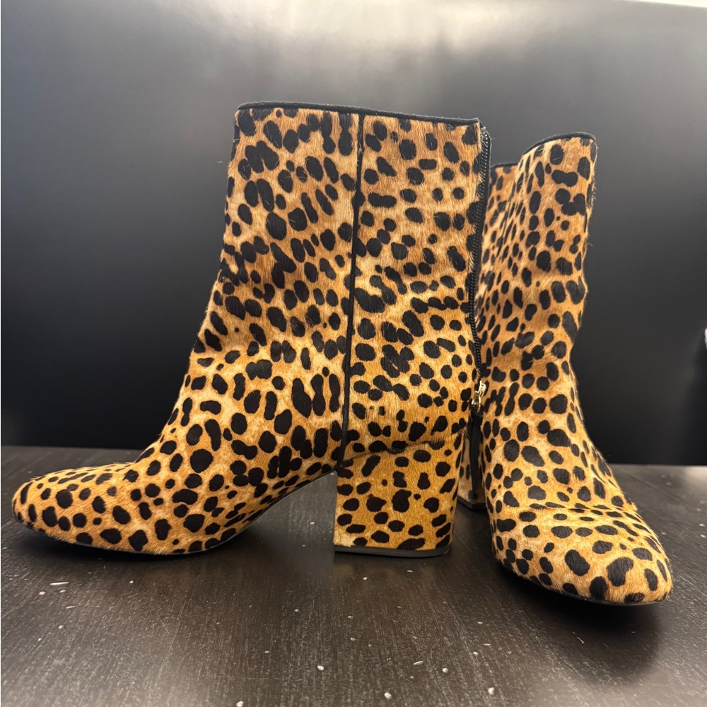 J crew leather and pony hair Leopard Print Ankle Boots